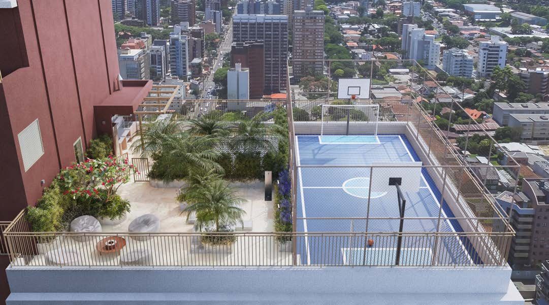 Rooftop e quadra recreativa vistos de cima